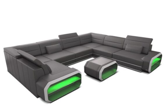 Sofa Dreams Wohnlandschaft Ledersofa Verona U Form Mini, Designersofa, Sofa mit Licht und USB