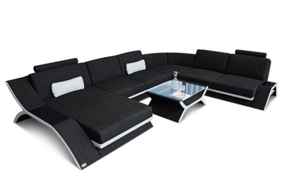 Sofa Dreams Wohnlandschaft Polster Stoff Couch Sofa Calabria XXL U Form Stoffsofa, Webstoff Strukturstoff, mit LED, Multifunktions-Konsole, USB-Anschluss, Stauraum, Designersofa