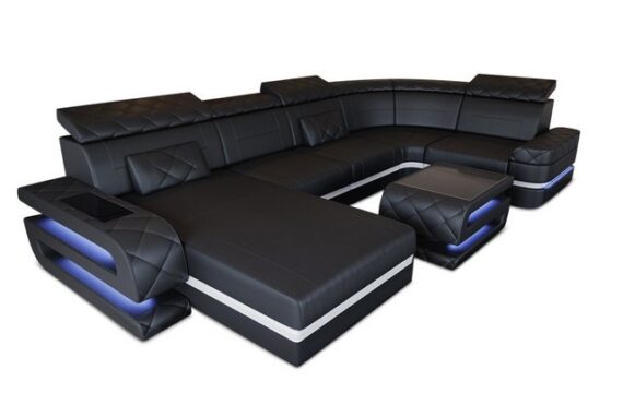 Sofa Dreams Wohnlandschaft Sofa Leder Bologna U Form Ledersofa, Couch, mit LED, wahlweise mit Bettfunktion als Schlafsofa, Designersofa