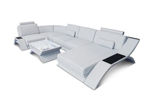 Sofa Dreams Wohnlandschaft Sofa Leder Calabria U Form Ledersofa, Couch, mit LED Beleuchtung, USB Anschluss und Multifunktions-Console