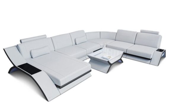 Sofa Dreams Wohnlandschaft Sofa Leder Calabria XXL U Form Ledersofa, Couch, mit LED Beleuchtung, USB Anschluss und Multifunktions-Console