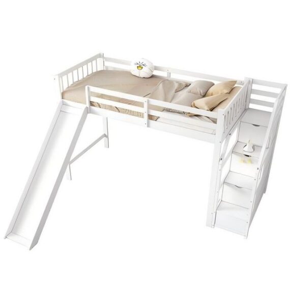 TavilaEcon Hochbett Kinderbett Jugendbett mit Rutsche und Ablageleiter, 90x200cm