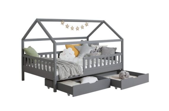 Ticaa Hausbett Kay mit Rausfallschutz und Schubkasten aus Kiefer, Kinderbett 90x200, inkl. Dach, mit Rollrost, mit Matratze