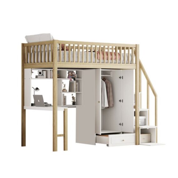 Ulife Hochbett Kinderbett mit großem Kleiderschrank Regal und Tisch,90 x 200cm Stauraum Treppe Mehrzweckbetteinheit Holzbettgestell