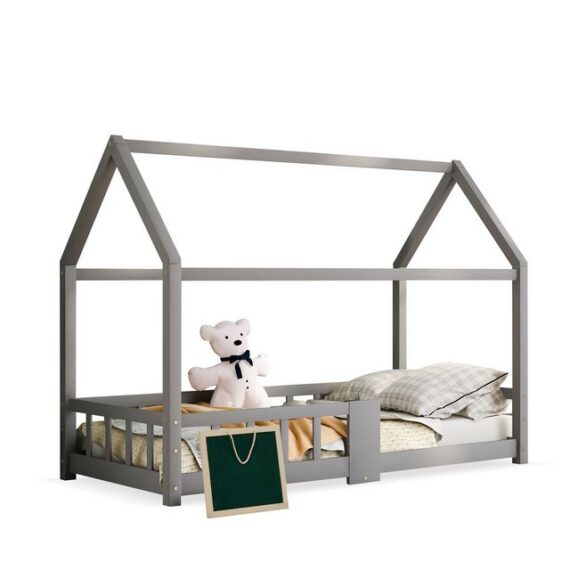 Ulife Kinderbett Einzelbett Kiefernholz mit Tafel und Rausfallschutz 90x200cm, grau