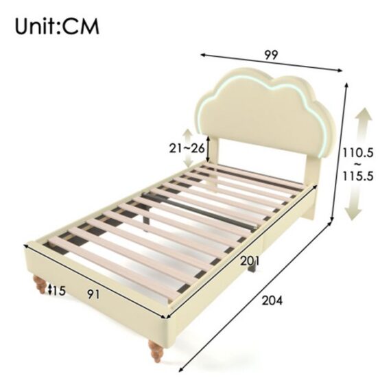 XDeer Kinderbett Kinderbett LED Einzelbett 90 x 200 cm, Polsterbett Bettgestell, mit Lattenrost und Verstellbares Kopfteil