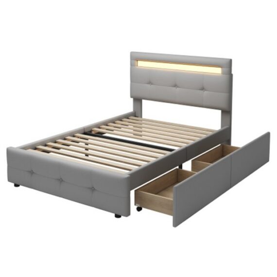 XDeer Polsterbett Polsterbett mit LED-Leuchten, 2 Schubladen,Einzelbett, Kinderbett Jugendbett Gästebett 90*200cm