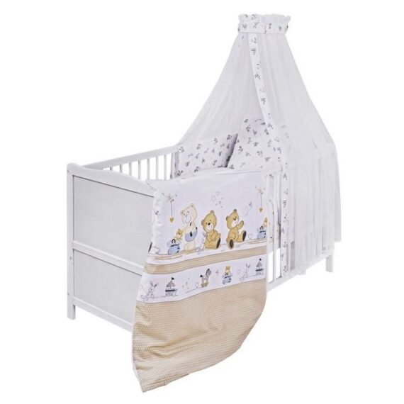 jonka Babybett Mona - Spielbär - Weiß, Set inkl. Bettwäsche, Himmel & Matratze 70x140 cm mit Schlupfsprossen