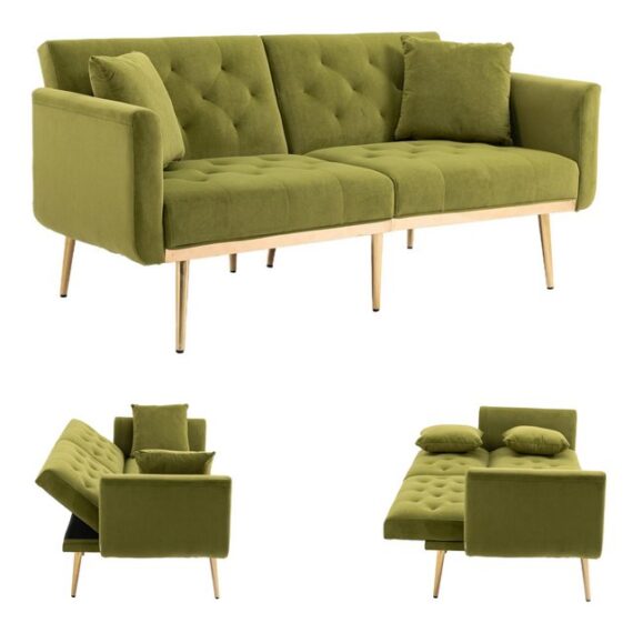 AUKWIK 2-Sitzer Klappsofa mit Bettfunktion + 2 passenden Kissen, 162(L)x80(B)x78(H) cm, platzsparend, verstellbare Rückenlehne (Schlaffunktion), Sitzfläche aus Samt/Fleece, Multifunktional & Luxus