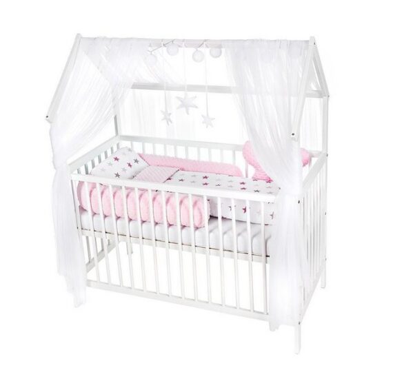 Babyhafen Babybett Hausbett Kinderbett 120x60 Matratze Minky Bettset Sterne Rosa Blau, Komplettbettset