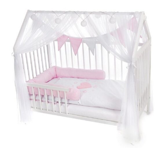 Babyhafen Hausbett Babybett 120x60 Rausfallschutz Gitterbett Umbaubar Herzen rosa (Komplettbett), Einzelbett