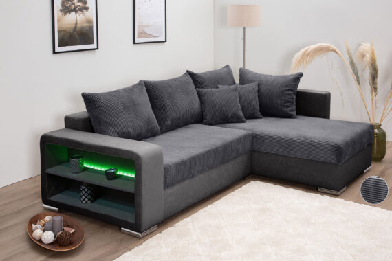 COLLECTION AB Ecksofa "L-Form", Regalarmlehne mit LED RGB Beleuchtung,Bettfunktion und Bettkasten