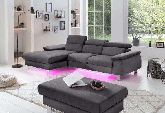 COTTA Ecksofa Komaris, Ecksofa, wahlweise mit RGB-LED-Beleuchtung und Bettfunktion/Bettkasten