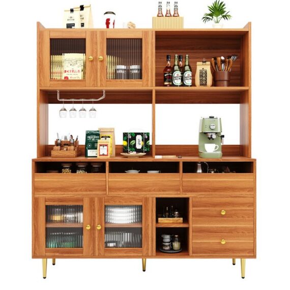 Celya Hochschrank Restaurant-Hochschrank,Glastür, Weinglasregal,mehrschichtigem Stauraum (145x39x171 cm) Holzstruktur und Golddekoration, modernes und schlichtes Design