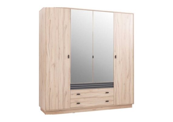 Deine Möbel 24 Kleiderschrank ALL 16 200 cm breit Kinderkleiderschrank mit Spiegel (Set, 4-St., Eiche Lamellen inkl. Kleiderstange Einlegeböden Schubladen) Kinderzimmer Jugendzimmer Schlafzimmer Drehtüren Sonoma