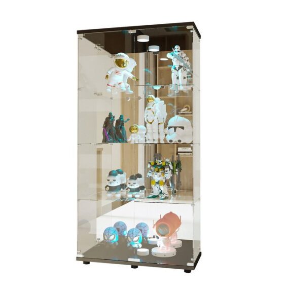 FUROKOY Glasvitrine Standvitrine, Modern Glas Vitrinenschrank (4 Lagen Glasvitrine mit 2 Glastür, Sammlervitrine, für Sammlerstücke Bücher Wein (mit Licht, schwarz)