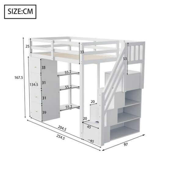 Flieks Hochbett Kinderbett 90x200cm mit Schubladekommode, Regalen und Stauraumtreppe