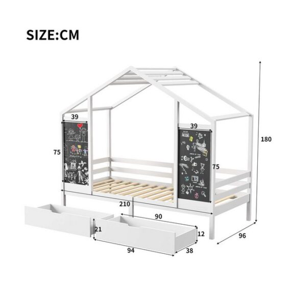 Furnishings Home Holzbett 90x200cm Kinderbett + 2 Schubladen + 2 Zeichenbrettern (Set, Bett)