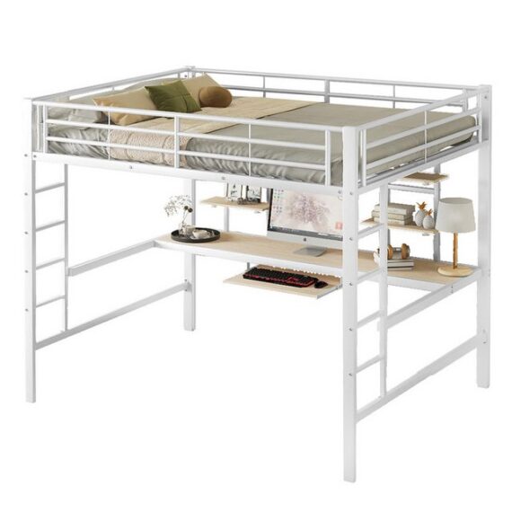 HAUSS SPLOE Bett 140x200 cm mit Schreibtisch und zwei Bücherregalen für Kinder, Weiß (Metall-Hochbett mit Schreibtisch und Bücherregalen, 90x200cm), Ohne Matratze