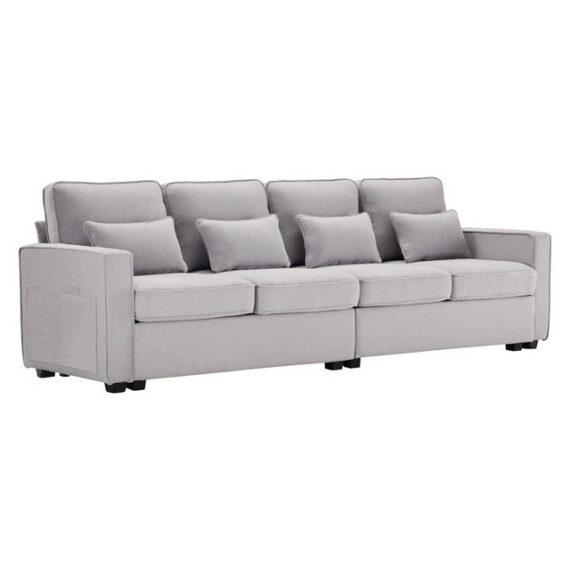 HAUSS SPLOE Ecksofa Schlafsofa mit 4 Kissen, Seitentaschen, Hochelastischer Schwamm, Viersitzer-Sofa mit Armlehnentaschen und 4 Kissen, einfaches Sofa für Wohnzimmer, Wohnung, Büro