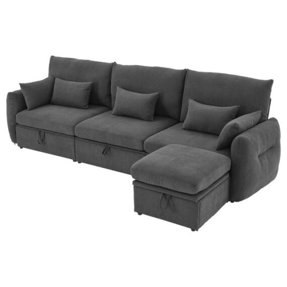 HAUSS SPLOE Ecksofa Sektionssofa mit Stauraum, 3-Sitzer-Sofa mit Fußhocker 5 Kissen Grau, Sessel, Polstersessel, Polsterstuhl, mit Fußhocker, weichem Polster und ergonomischer Rückenlehne