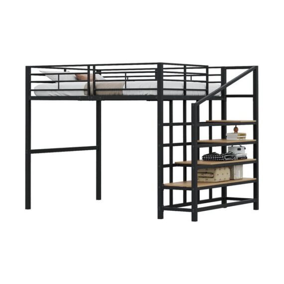 HAUSS SPLOE Hochbett 140x200 mit Stauraum unter dem Bett, Treppe Ideal für Kinder schwarz (Hochbett mit Stauraum und Treppe - Stabile Metallkonstruktion, 140 x 200 cm) ohne Matratze