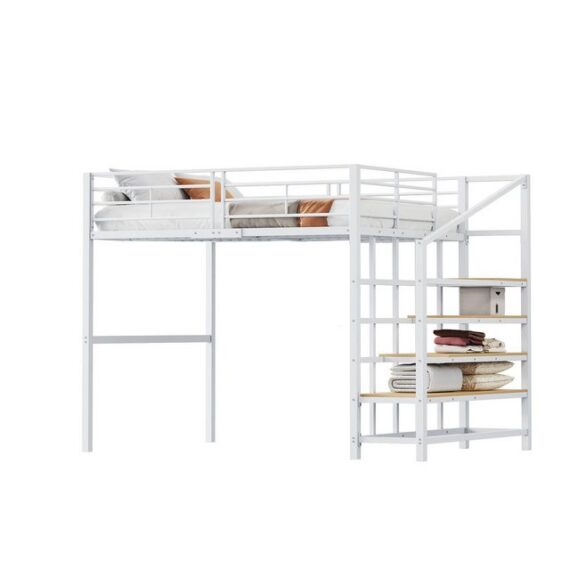 HAUSS SPLOE Hochbett 140x200 mit Stauraum unter dem Bett, Treppe Ideal für Kinder weiß (Hochbett mit Stauraum und Treppe - Stabile Metallkonstruktion, 140 x 200 cm) ohne Matratze