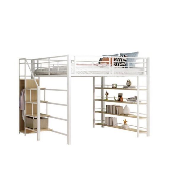 HAUSS SPLOE Kinderbett 140x200 mit Stauraumtreppe und Kleiderschrank, Einlegeböden weiß (mit Sicherheitstreppe, Stauraum und kleinem Kleiderschrank, mit Einlegeböden, hohes Zaundesign, Einzelbett, Jugendbett), ohne Matratze, 140x 200 cm