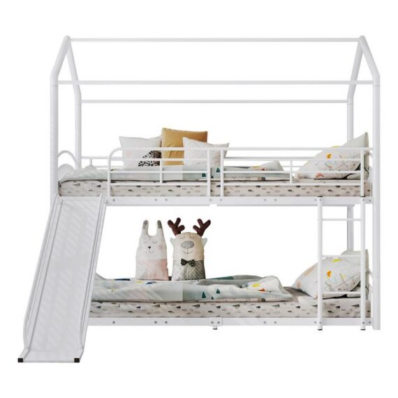 HAUSS SPLOE Kinderbett Hausbett Kinderbett Bettrahmen Metallbett Einzelbett (mit Fallschutz und Gitter, Metallrahmen, mit Treppe mit rechtwinkliger Leiter, Hausbett mit Rutsche 90x200cm), Ohne Matratze