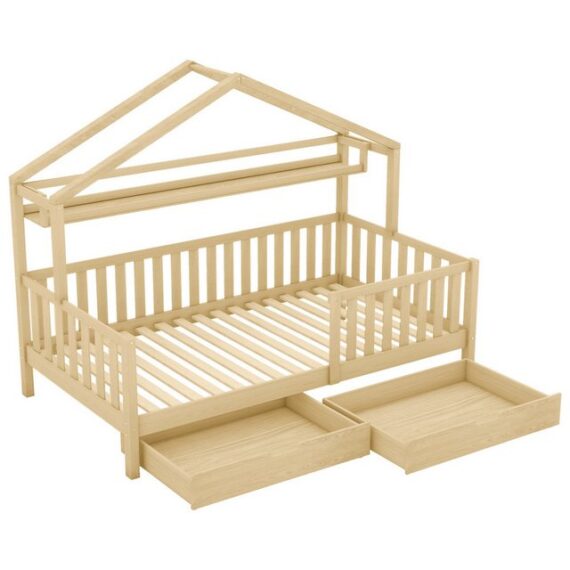 HAUSS SPLOE Kinderbett Hausbett Kinderbett Einzelbett Bettrahmen Holzbett (Sicheres und durchdachtes Design Stabile Kiefernstruktur, Hausbett für Mädchen und Jungen), mit 2 Schubladen, Natur