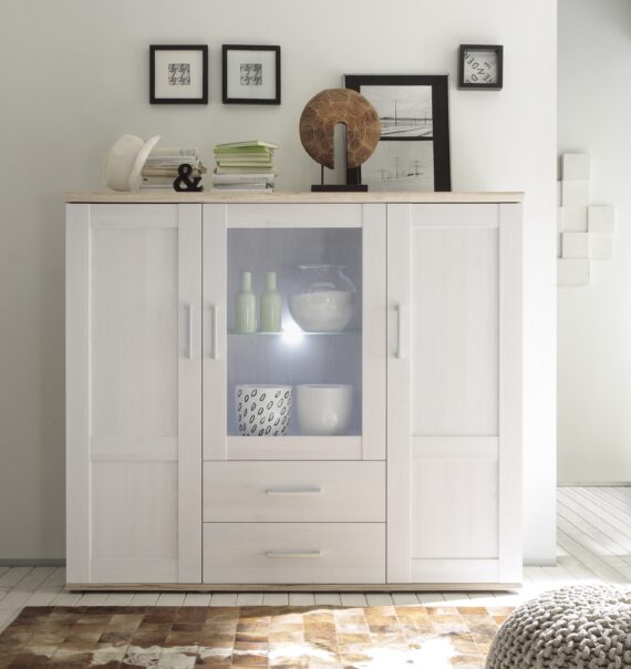 HBZ Highboard "Romance Landhaustil mit LED-Beleuchtung, BxHxT 156x137x46 cm", (1 St.), Mit 2 Türen, 2 Schubkästen und 6 Einlegeböden, 1 Glasboden