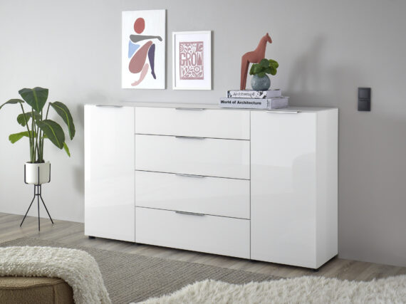 HBZ Sideboard "Santorin Kommode mit Schubkästen, BxHxT 180x99x40 cm", (1 St.), Mit 2 Türen, 4 Schubkästen mit Softclose, Glasfront und Glasoberboden