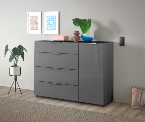 HBZ Sideboard "Santorin Mehrzweckschrank-Universalschrank, BxHxT 135x99x40 cm", (1 St.), Mit 1 Tür und 4 Schubkästen mit Softclose, Glasfront und Glasoberboden