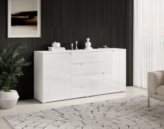 HBZ Sideboard "Spice weiß Hochglanz, Wohnzimmerschrank BxHxT 165x80x40 cm", (1 St.), Mit 2 Türen, 4 Schubkästen, 2 Einlegeböden verstellbar