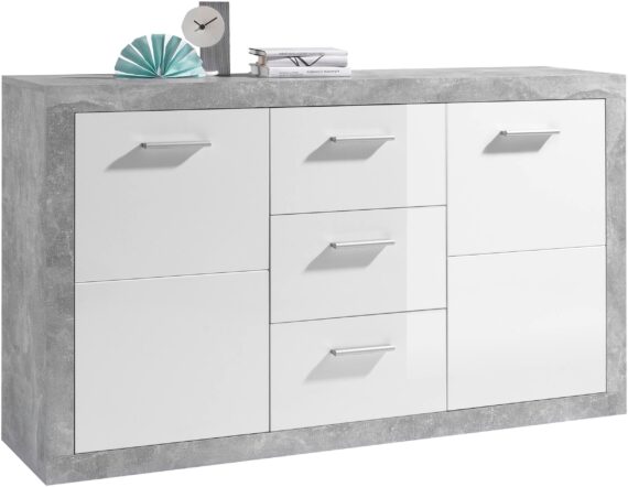 HBZ Sideboard "Stone weiß Hochglanz, Wohnzimmerschrank BxHxT 147x89x37 cm", (1 St.), Mit 2 Türen, 3 geräumigen Schubkästen, 2 Einlegeböden verstellbar