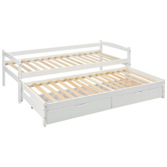 IDEASY Kinderbett Jugendbett, Twin mit Rollen und Stauraum, 200x90 cm/190x90 cm) (mit Seitengittern, mit stabilen Lattenrosten aus Holz), einfach zu montieren