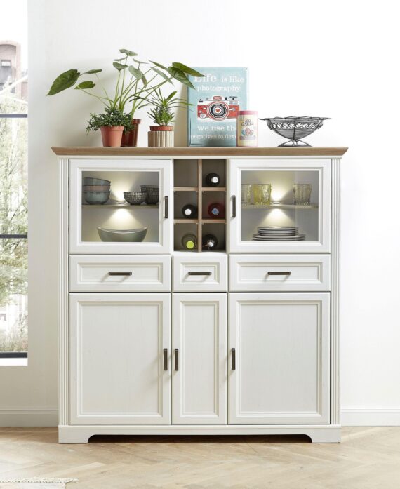 Innostyle Highboard "Jasmin", 2 Glas-/Holztüren, 8 offene Fächer, inkl. LED-Beleuchtung