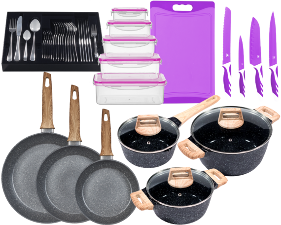 KING Topf-Set ""ESSENTIAL" Aluminium, Induktion, Antihaftbeschichtung", Aluminiumguss, (Set, 55 tlg., 2 Töpfe, 1 Stieltopf, 3 Glasdeckel, 1 Besteck-Set + Etui), 3 Pfannen, 4 Küchenmesser, 1 Schneidebrett, 5 Vorratsdosen mit Deckel