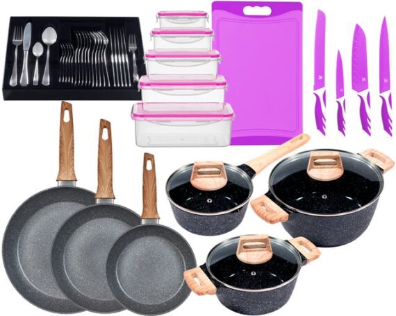 KING Topf-Set "ESSENTIAL" Aluminium, Induktion, Antihaftbeschichtung, Aluminiumguss (Set, 55-tlg., 2 Töpfe, 1 Stieltopf, 3 Glasdeckel, 1 Besteck-Set + Etui), 3 Pfannen, 4 Küchenmesser, 1 Schneidebrett, 5 Vorratsdosen mit Deckel