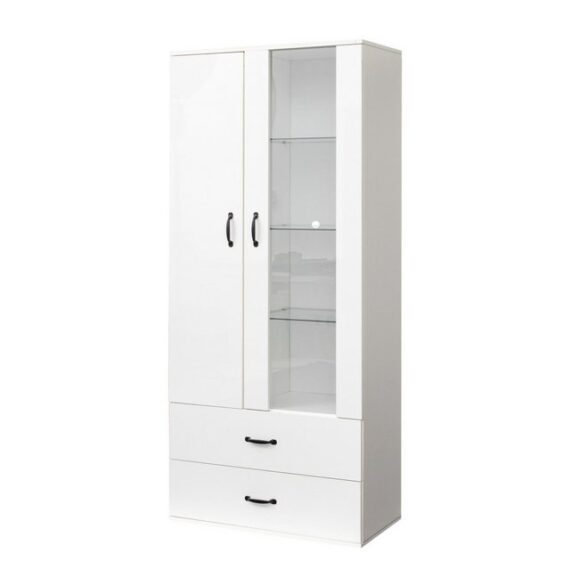 KLAM HOME Hochschrank Vitrine mit 16-farbiger LED-Beleuchtung Freistehender Buffetschrank 2-türige Standvitrine Hochregal mit transparenter Tür