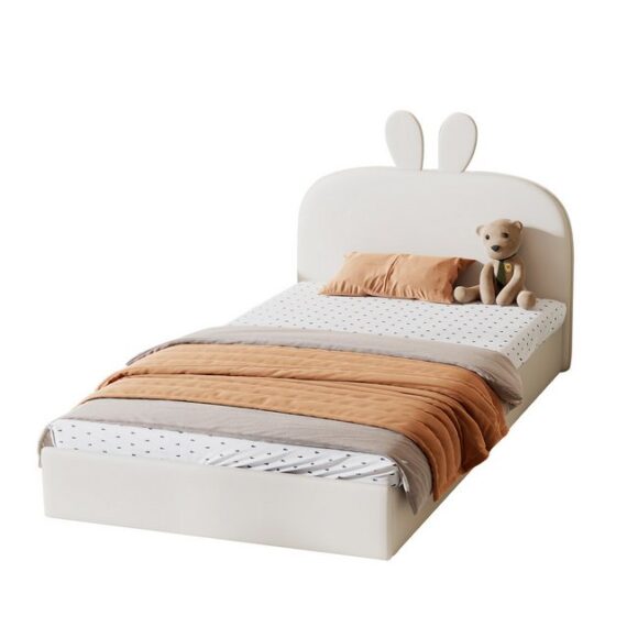 KLAM HOME Holzbett 90x200cm Kinderbett Einzelbett (Set, Bettgestell für Kinder Mädchen Jungen Erwachsene), Hausbett Massivholzbett mit gepolstertem Kopfteil bis zu 100 kg, Beige