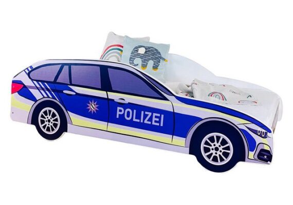 Kids Collective Autobett Kinderbett Jugendbett Polizei 70x140, 80x160 cm mit Rausfallschutz, Polizeiauto Polizisten Kinderspielbett 70x140 cm