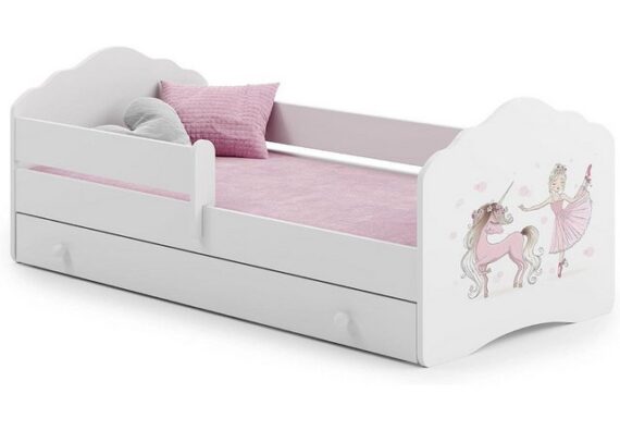 Kids Collective Kinderbett für Mädchen mit Matratze und Schublade & Lattenrost (70x140, 80x160 cm Jugendbett Einzelbett Komplettbett in weiß mit Pferd Motiv), Bett für Kinder Bett komplett Set Rausfallschutz Kinderbett 80x160 cm