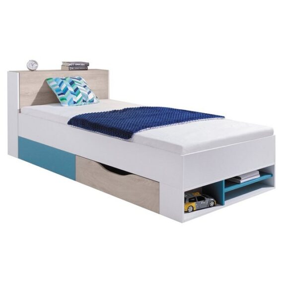 Lomadox Jugendbett PITTSBURGH-133, Jugendbett 90x200cm mit Funktionen, weiß/Eiche/blau