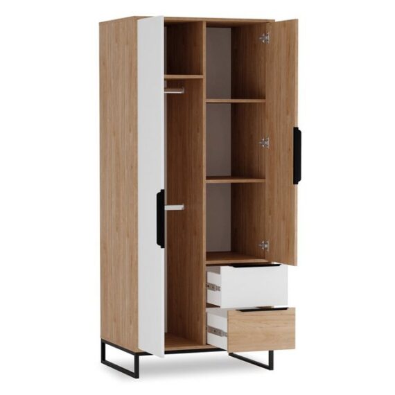 Lomadox Kleiderschrank LUZZI-132 Eiche Nb. mit weiß, Kleiderschrank, Nachttisch, Bett, Wandregal