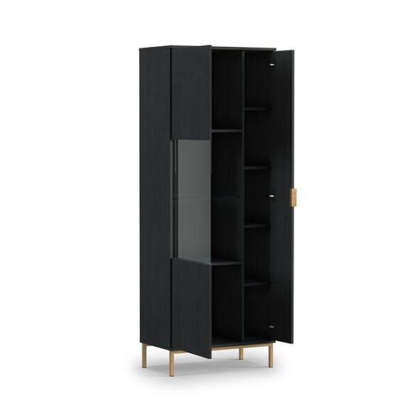 Lomadox Vitrine PERIA-132 schwarz Glastür und Glasboden Metall Fußgestell gold 70/190/41 cm