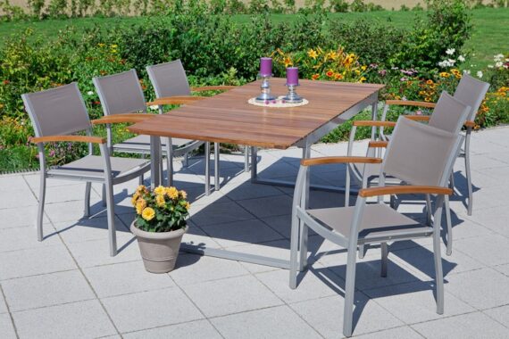 MERXX Garten-Essgruppe "Naxos", (7 tlg., 6x Stapelsessel, 1x Ausziehtisch 150(200)x90 cm), Aluminium, Textilbespannung aus 100 % Polyester, Akazienholz