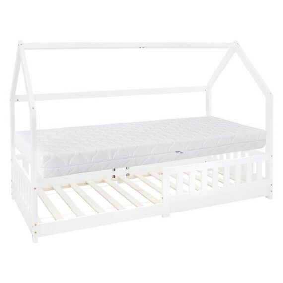 ML-DESIGN Kinderbett Hausbett mit Rausfallschutz, Dach und Lattenrost Massivholz (Komplett-Set), Bett 200x90cm Weiß mit Matratze 16cm für Mädchen Jungen Holzbett