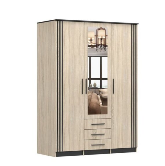 MOEBLO Drehtürenschrank ANTIS 3D II (mit Spiegel, Schubladen und Lamellen, Kleiderschrank 3-türig Schrank Garderobe Schlafzimmer) (HxBxT):208x152x61cm