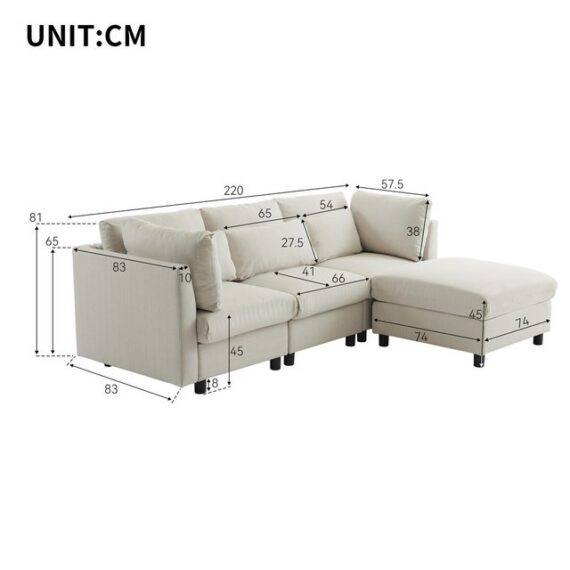 Merax 3-Sitzer mit Hocker, XXL Sofa, aus Leinen mit 2 Kissen, Sofagarnitur, Loungesofa, modulare Couch